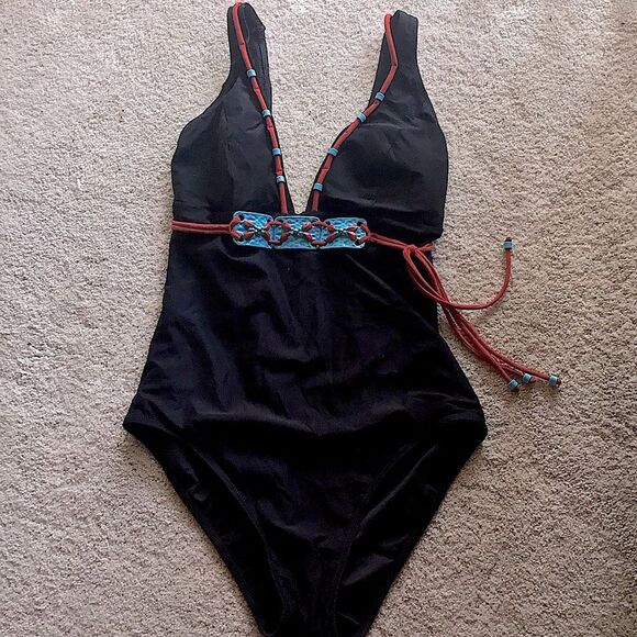 Vintage Lagouf by Silvian Bohemian Aztec black one piece swimsuit - Picture 1 of 8